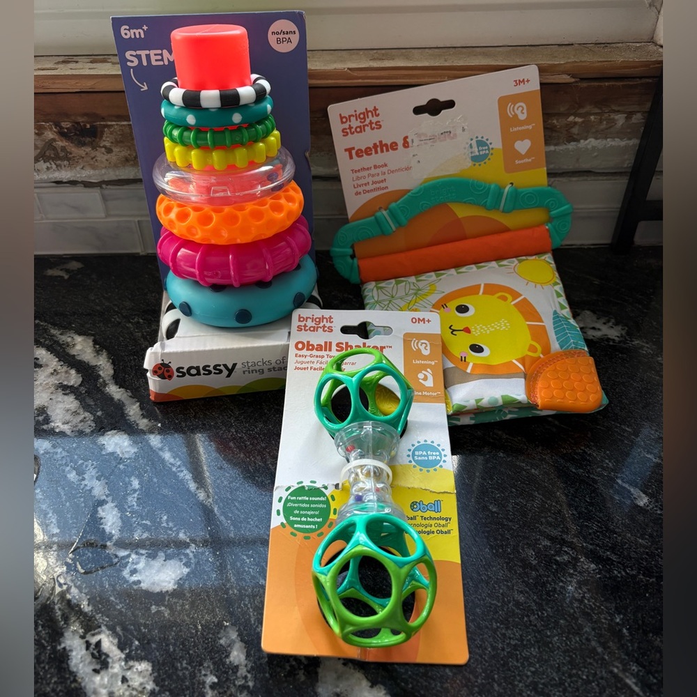 Sassy; Infant toys brand new NWT crinkle book, stacking tower, rattle/teether.